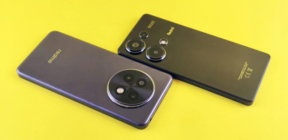 Two modern smartphones in a sleek, minimalist design on a vibrant yellow background.