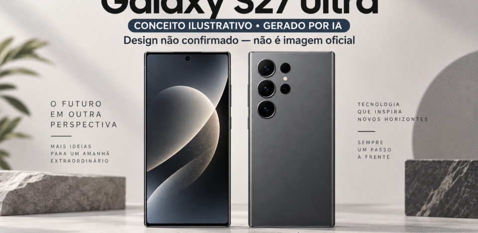 Conceito ilustrativo gerado por IA: vistas frontal e traseira de um celular imaginado para a pauta Galaxy S27 Ultra. Design não confirmado.