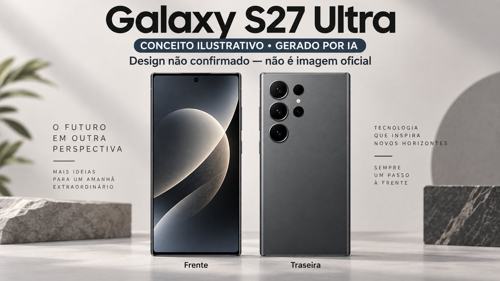 Conceito ilustrativo gerado por IA: vistas frontal e traseira de um celular imaginado para a pauta Galaxy S27 Ultra. Design não confirmado.